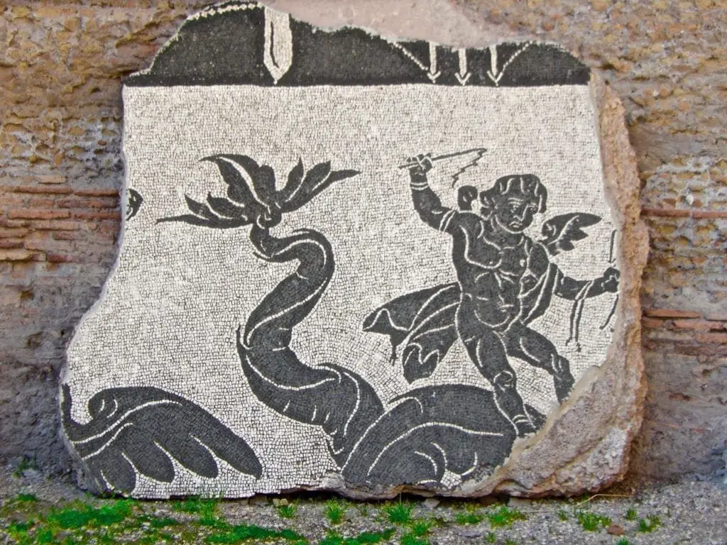 Black and white tile fragments at baths of caracalla