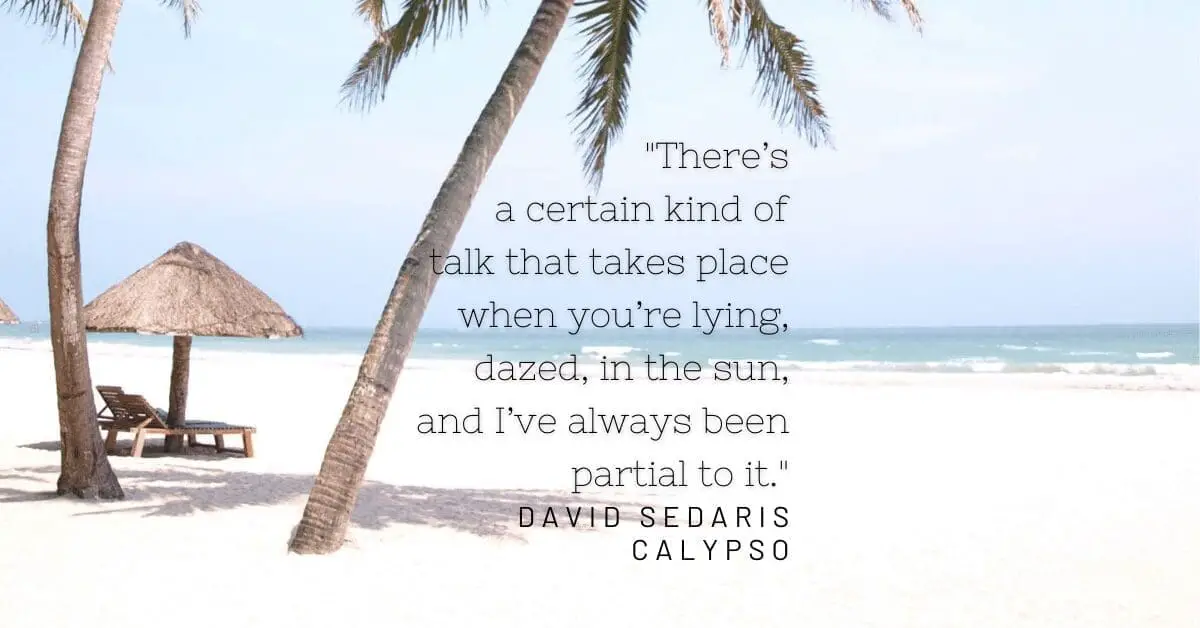 Palm tree on white beach featuring calypso quote david sedaris