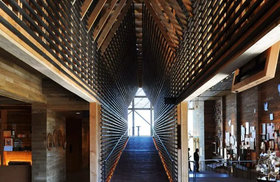 Vaulted cathedral hallway at wild turkey bourbon distillery visitor's center