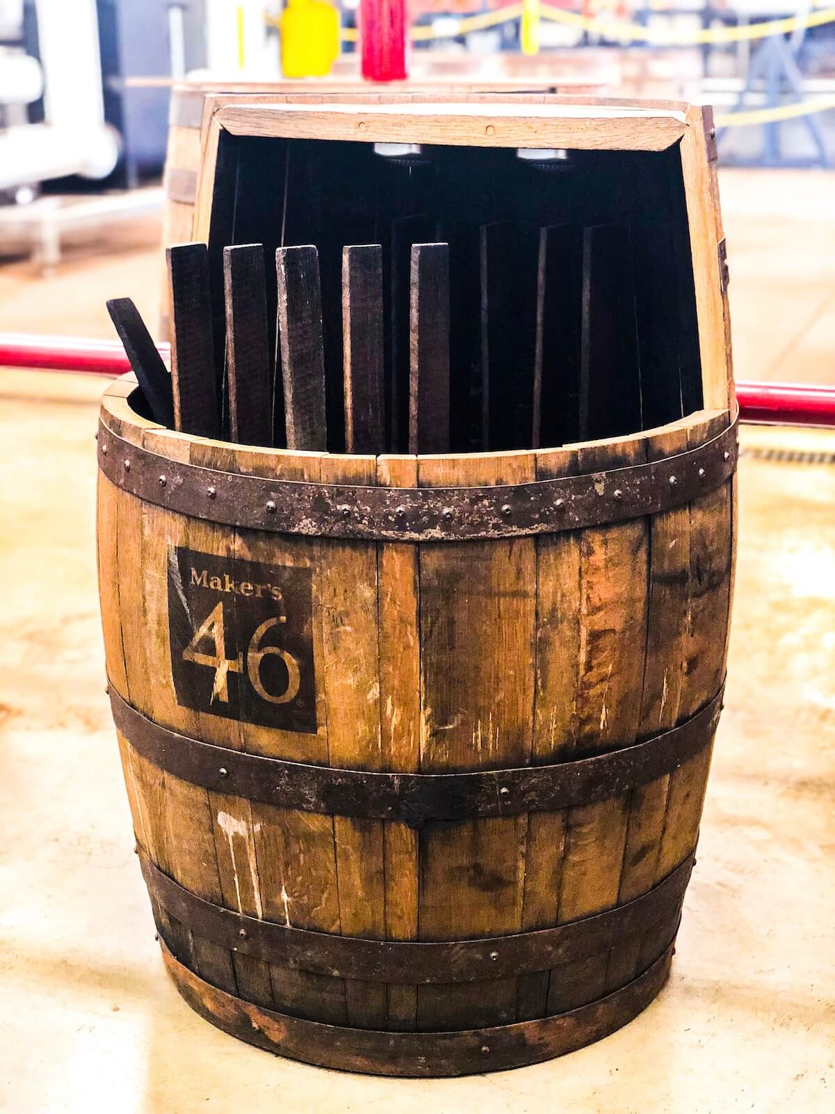 Maker's mark 46 bourbon barrel filled with charred oak staves