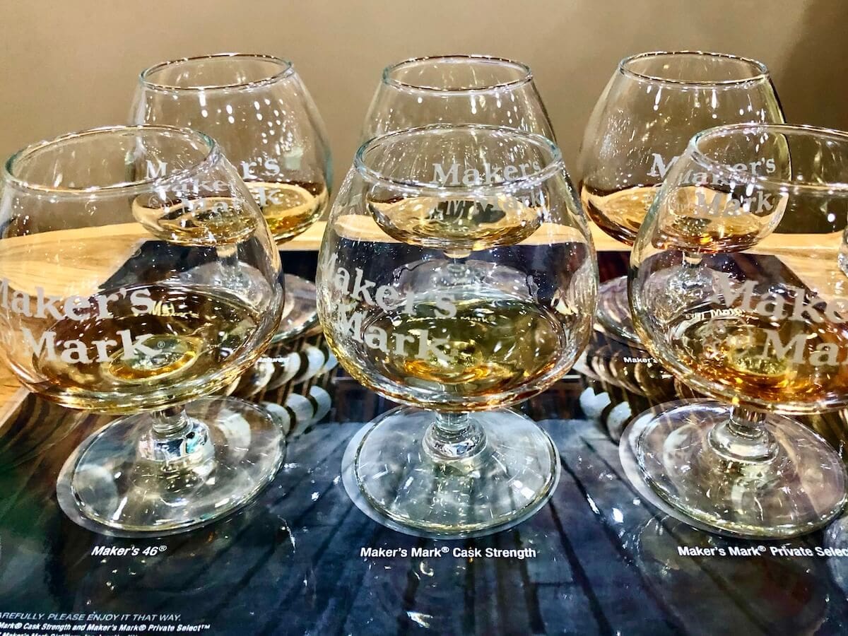 Glasses of bourbon at the maker's mark tasting room