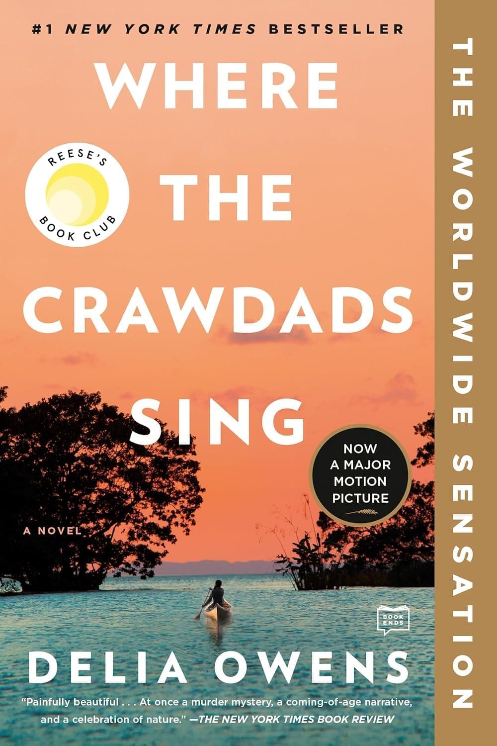 Book cover for where the crawdads sing by delia owens a girl in a canoe at sunset