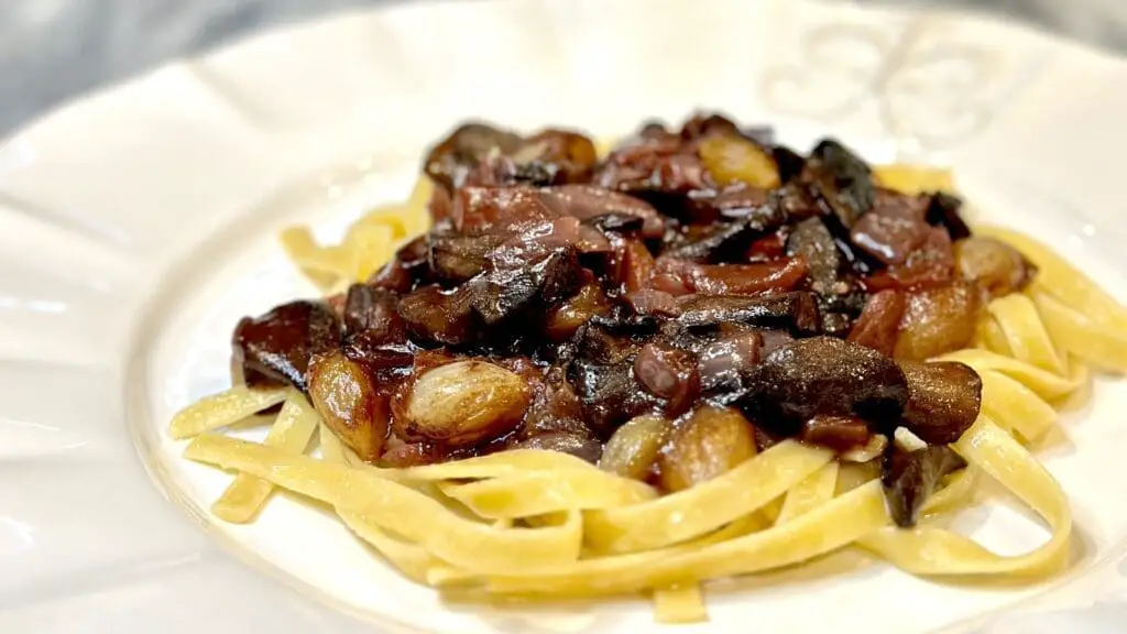 Plated mushroom bourguignon with noodles